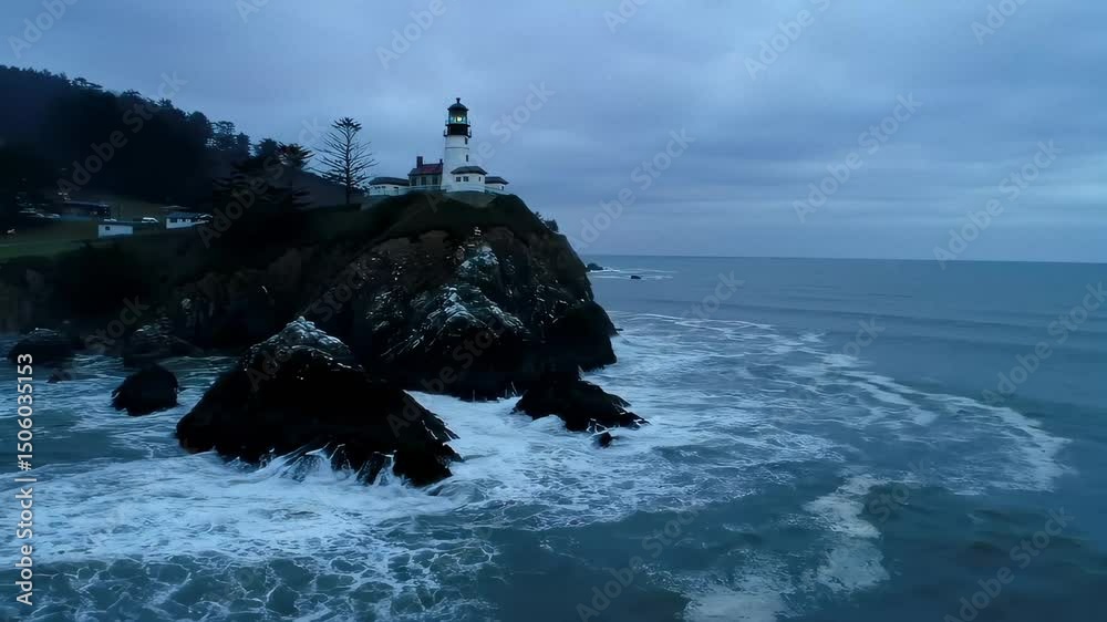 Coastal landscape with lighthouse at dusk