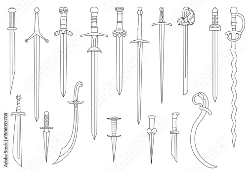 Vector doodle hand drawn style black outline illustration set with historical swords and daggers, including straight blades, sabers, and curved scimitars. Perfect for coloring books, fantasy designs 