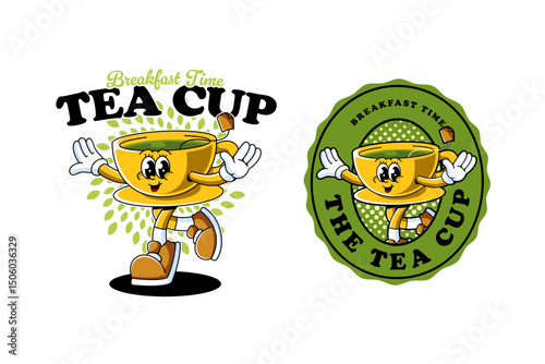 green tea cup with tea bag retro cartoon character mascot illustration with dancing pose and happy face for herbal product, plantation, grocery, health food, cafes mascots and merchandise
