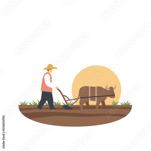 Farmer using plow with ox at sunset in rural landscape  