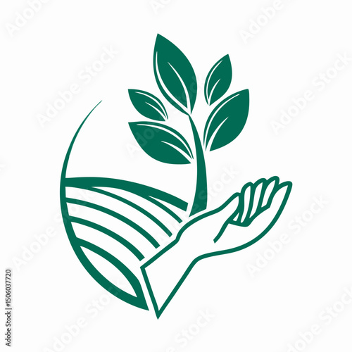 Green Hand Holding Growing Plant, Farm Field Logo