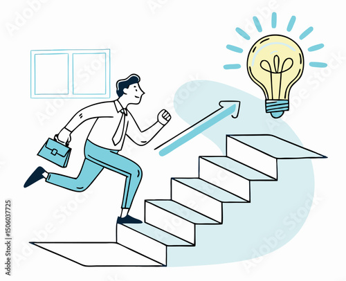 Businessman Running Up Stairs Towards Lightbulb - Success Concept