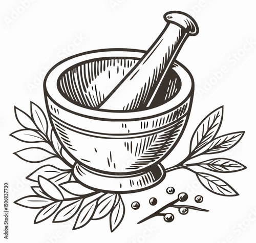 Hand-drawn Mortar and Pestle with Herbs and Spices
