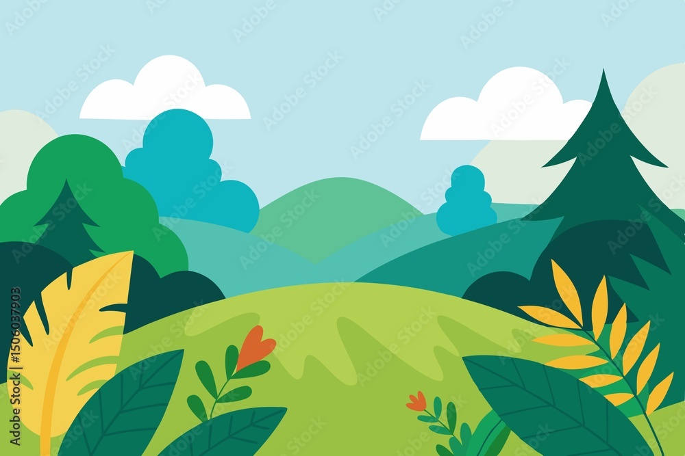 Fototapeta premium Cartoon landscape illustration with trees clouds and greenery background