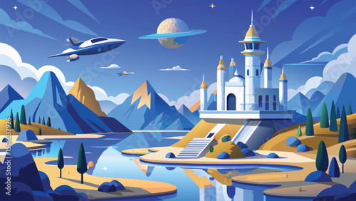 Futuristic Fantasy World Landscape with Sci-Fi Castle and Spaceships