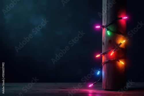 Colorful LED string lights wrapped around a wooden post against a dark textured background, nature, rustic background, seasonal decor