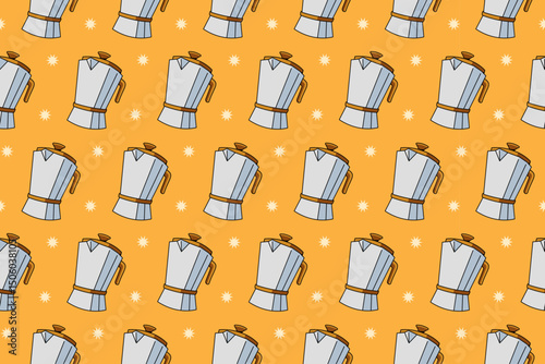 mocha pot with dot illustration colorful seamless pattern on yellow background. stovetop coffee maker doodle seamless pattern background for coffee shop, cafes, beverage, roastery merchandise