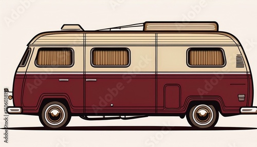 maroon and beige vintage camper van side profile isolated on white background