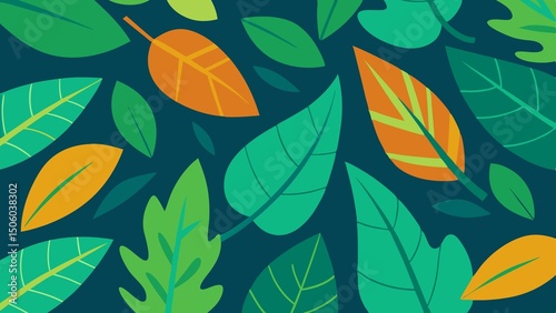 Colorful leafy pattern background with green orange and teal leaves elements