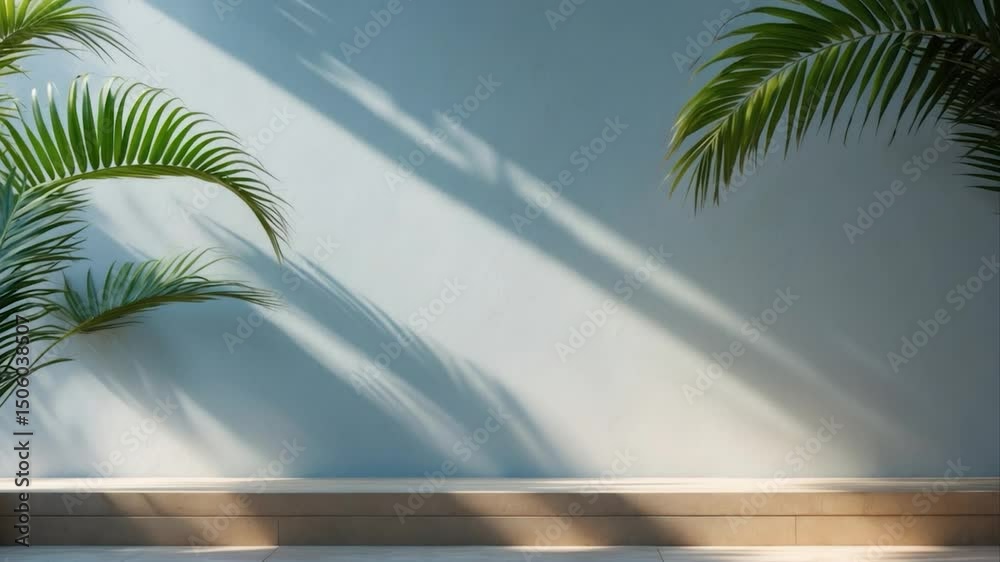 Lush green palm fronds casting intricate shadows on a soft blue wall, featuring a minimalistic light-colored floor for a tranquil and serene ambiance.