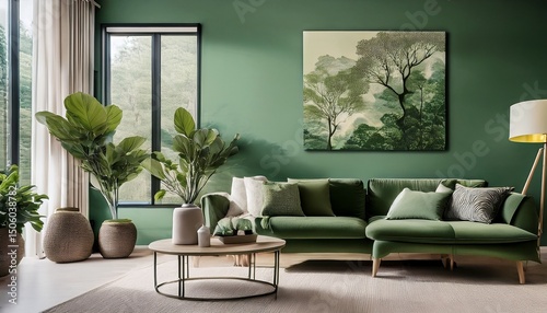 muted green living room with nature inspired art
