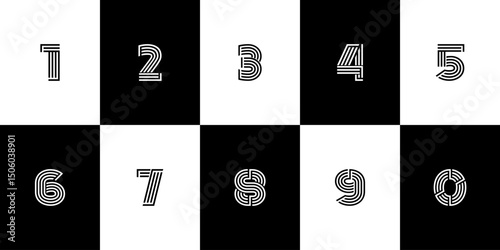 Retro Striped Numbers 0 to 9 on Checkered Background