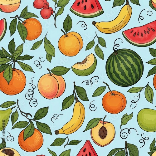 Colorful fruit seamless pattern for summer design. Healthy food background with juicy organic fruits and leaves.