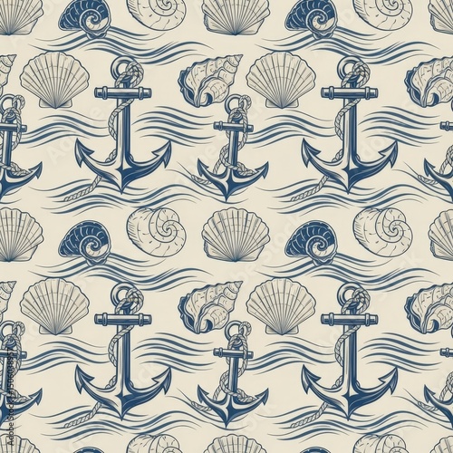 Anchors, shells, and waves in a seamless pattern design. Marine themed background element for fabric, wallpaper, or summer event projects.