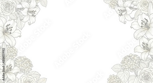 Beautiful floral border with realistic roses and lilies sketch. Elegant romantic natural background for wedding invitation or greeting card.