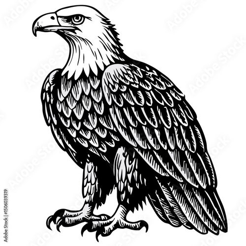 Black and White Bald Eagle Illustration, Bird of Prey Drawing