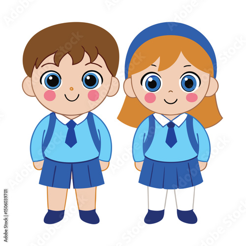 Cute Cartoon Schoolchildren in Uniforms Ready for School Smiling Boy and Girl with Backpacks Vector Illustration on White Background for Education
