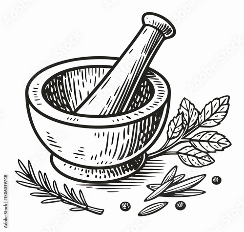 Hand-drawn illustration of mortar and pestle with herbs