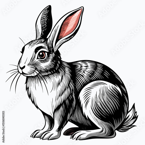 Sketch of a rabbit engraving black and white outline. Illustrated in vintage line art style. Bunny drawn sketch in doodle style on a white background.