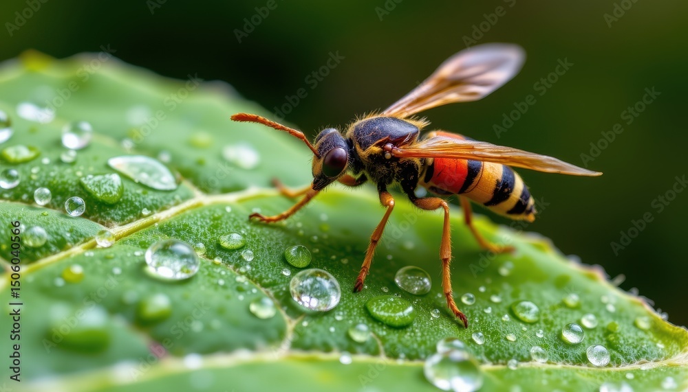 Naklejka premium Close-up of a Insect on Fresh Green Leaf with Water Droplets