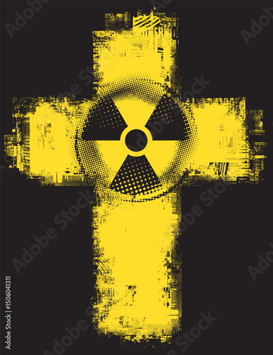Vector banner on the theme of nuclear war,  power plant disaster and urbanism with a radiation hazard sign in the form of a cross against the background of a cityscape. T-shirt design. No AI used