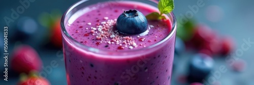 Close-up of vibrant blueberry smoothie in glass, blueberry, diet, creamy