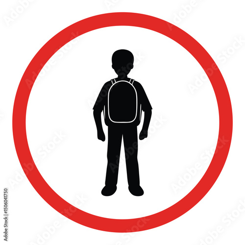 School Zone Safety Sign Featuring a Child Silhouette with Backpack in a Red Circle on a White Background