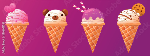 A set of cute ice cream cones. Attractive summer sweets.