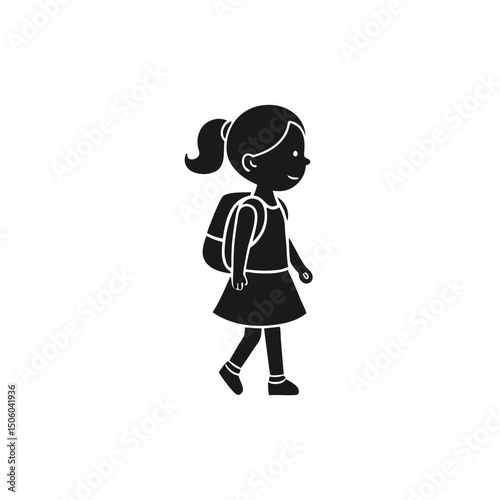 Silhouette illustration of a schoolgirl with a backpack walking to school on a white background in vector format