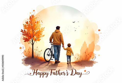 A father and son walking together to celebrate happy fathers day with bicycle and autumnal scenery