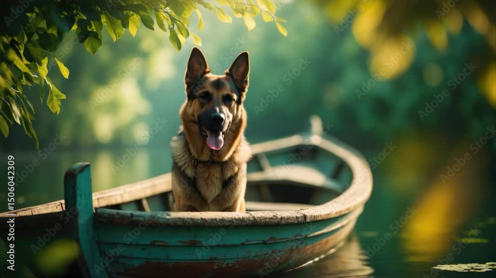 A cheerful German Shepherd sitting on a rustic wooden boat, surrounded by serene water and lush greenery, under soft sunlight filtering through the leaves.