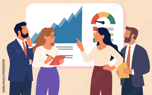 Strategic Insights: Colleagues in a professional setting, analyzing complex data displayed on a presentation board to generate impactful business decisions.