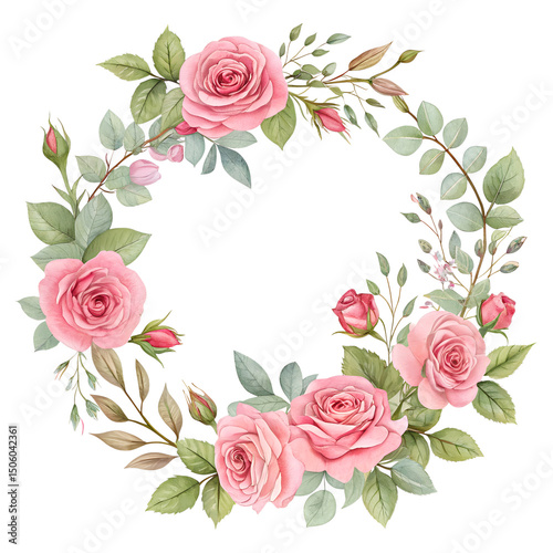 Pink Rose Wreath Floral Arrangement Isolated on Transparent Background – Romantic Botanical Illustration


