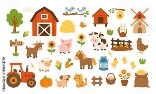 A farm scene with a variety of animals and farm equipment. Scene is cheerful and playful, with the animals and farm equipment depicted in a whimsical and colorful way