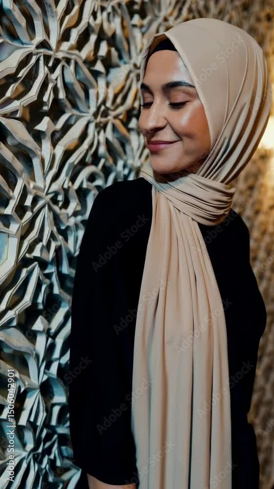Elegant woman smiling and turning in front of intricate wall design