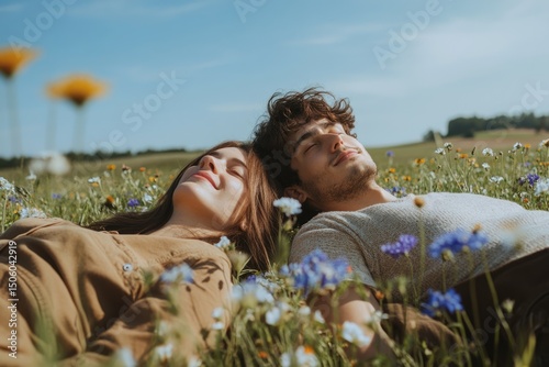 A couple relaxes, lying in a wildflower field under a sunny sky, eyes closed in peaceful contentment and basking in warmth.