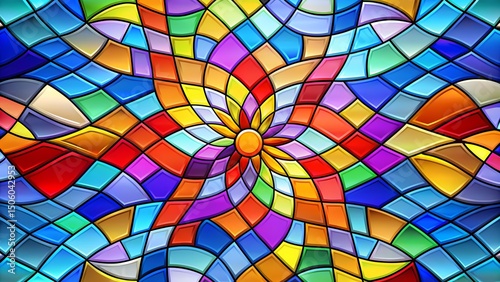 Colorful abstract stained glass window design with floral pattern and vibrant hues