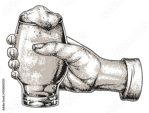 Hand holding a glass of beer with foam