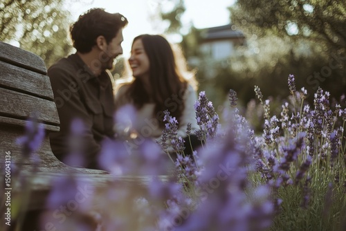 A loving couple sits on a bench surrounded by lavender, sharing a laugh in a serene, sun-drenched park.