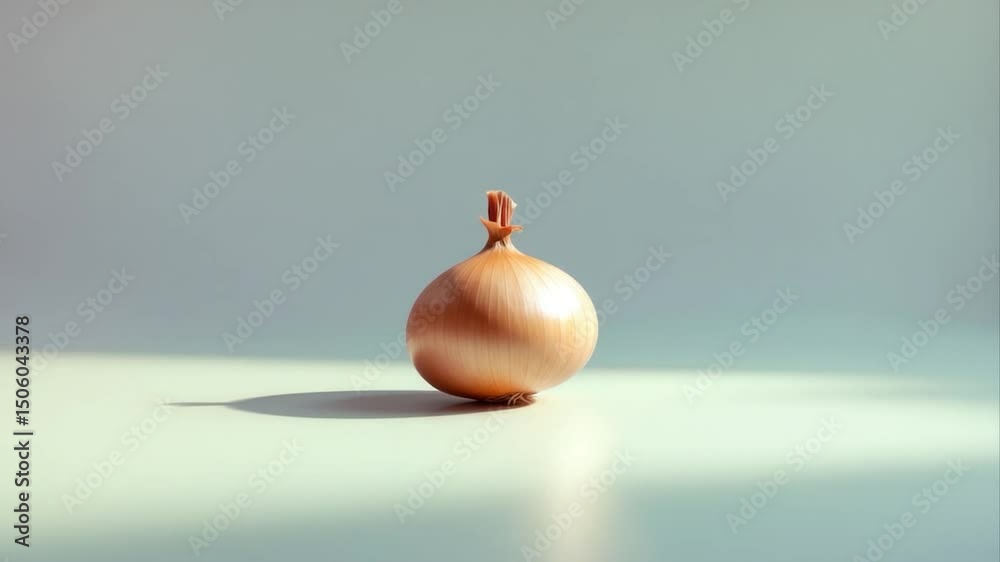 Single fresh onion with a smooth, light brown skin, casting a soft shadow on a minimalistic background, emphasizing its round shape and natural texture.