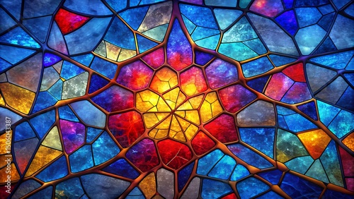 Colorful stained glass starburst pattern with vibrant blues and reds and warm hues