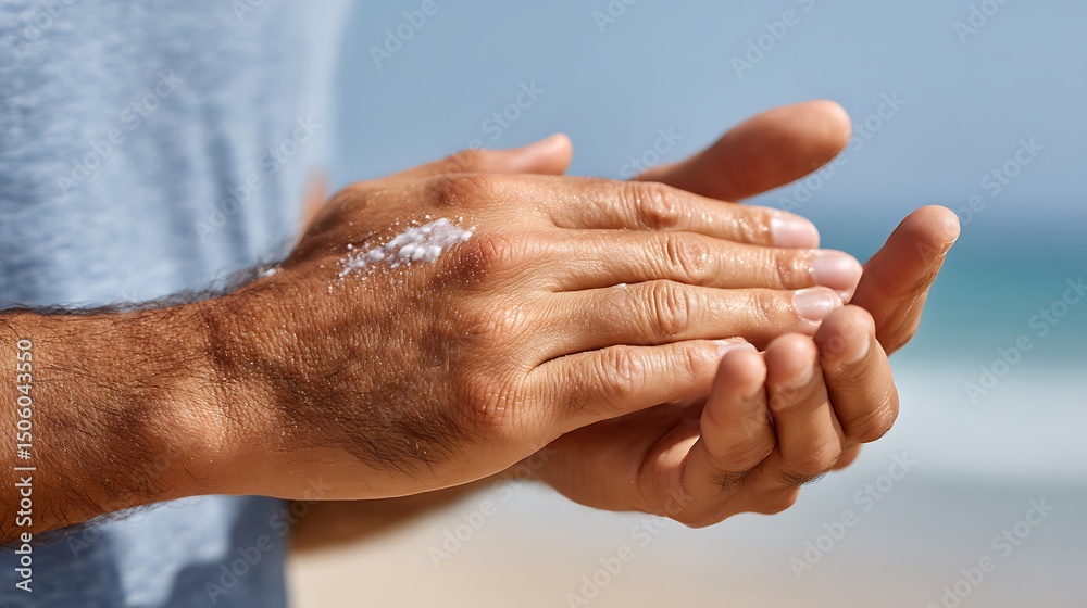 Fototapeta premium Man applying sunscreen to his hands on a beach with the ocean and sky in the background scene view