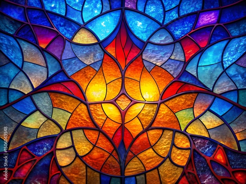 Abstract and colorful stained glass design with geometric shapes and vibrant hues