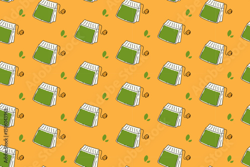 green tea bag with leave illustration colorful seamless pattern on yellow background. tea pouch with leaf doodle seamless pattern background for herbal product, plantation, grocery, health drink