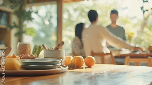 Empty wooden dining table top with homemade dishes and oranges on blurred background of modern home kitchen with family having breakfast. Place for installation and advertising of products