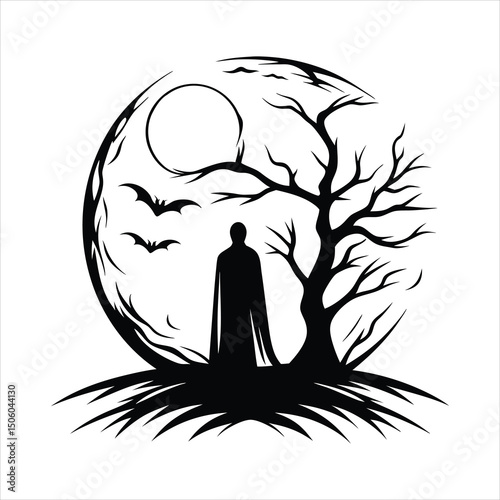 vampire silhouette against giant red moon  minimal