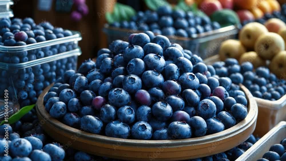 custom made wallpaper toronto digitalVibrant display of fresh blueberries piled in a wooden bowl with surrounding baskets filled with various colorful fruits, showcasing the abundance of produce at a market.