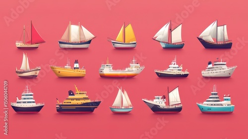Assorted vessels sail across a rosy sea, various styles and vibrant colors afloat