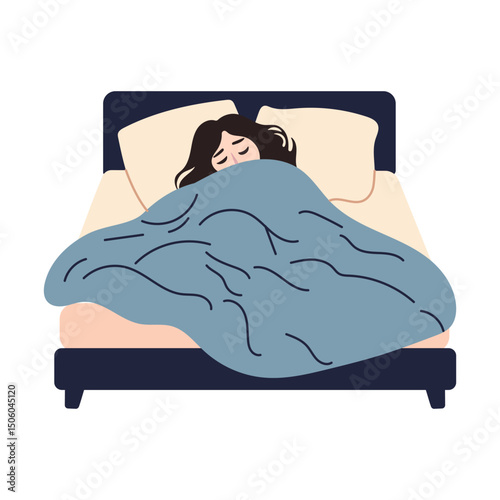 A woman is sleeping in bed with a blue blanket. She is covered by the blanket and her face is hidden