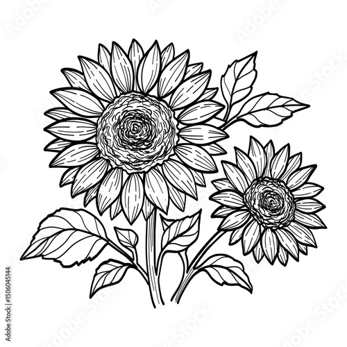 The sunflowers are large and bright, with a lot of detail in their petals and leaves. The flowers are arranged in a way that makes them look like they are in a bouquet, with the stems